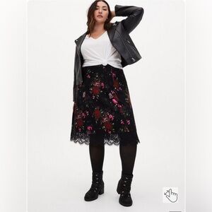 Torrid Black Floral Premium Ponte Midi Skirt with lace trim